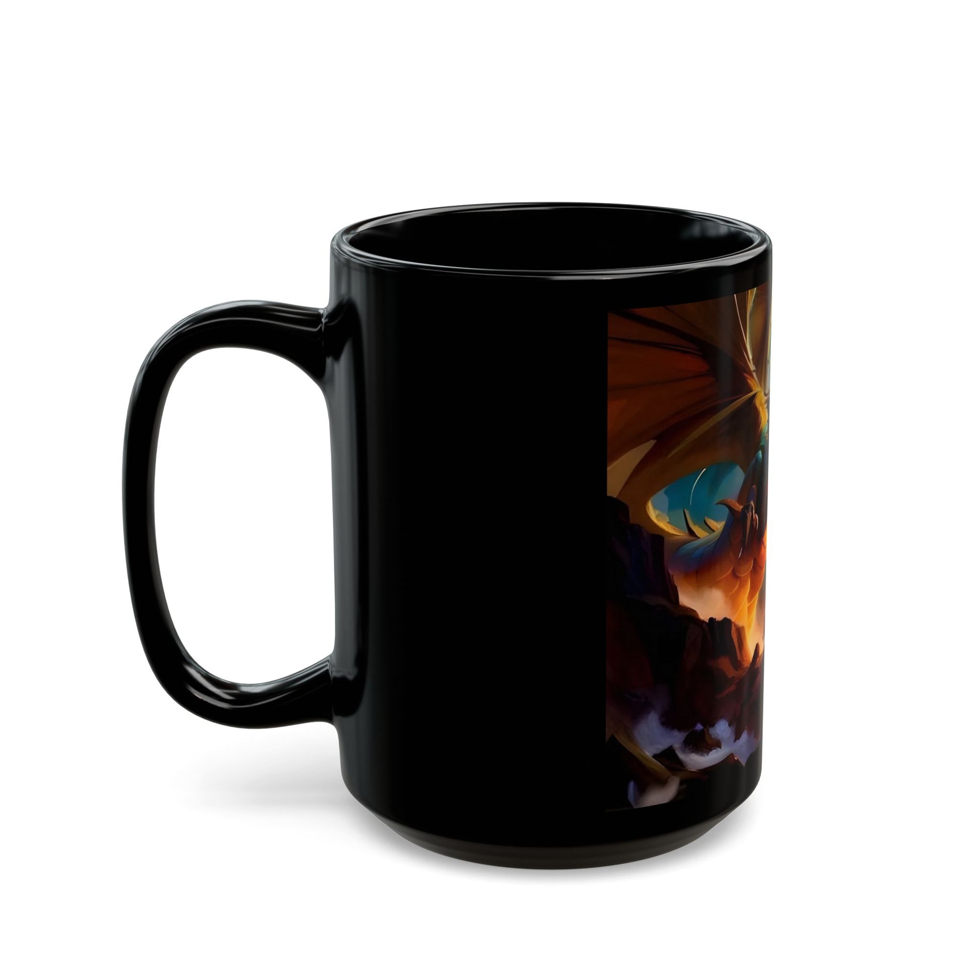 Black mug with a colorful butterfly design on a white background