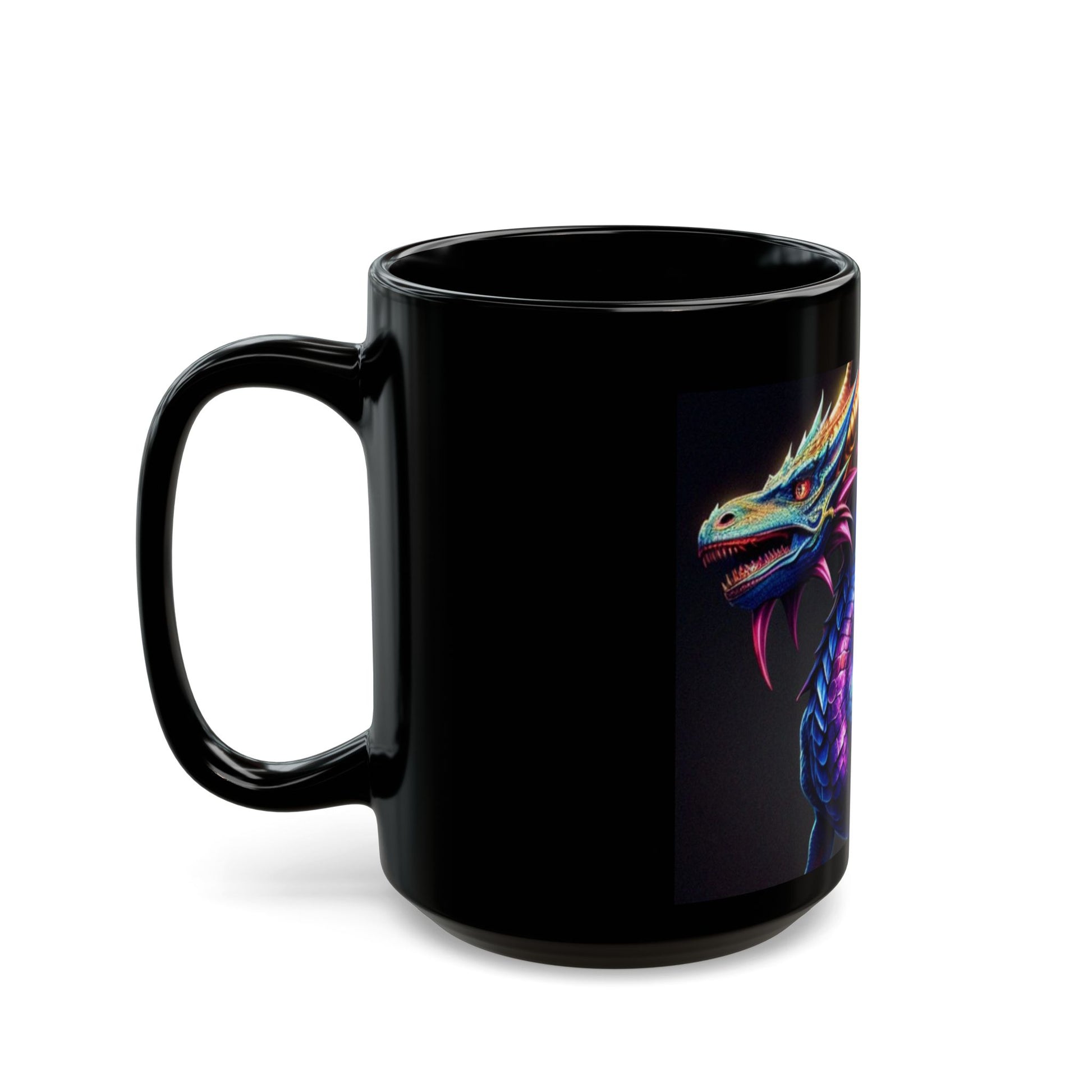 Black mug with a colorful dragon design on a white background