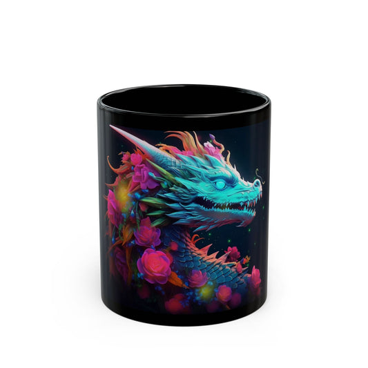 Black mug with a colorful dragon design on a white background
