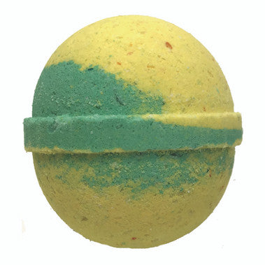 Yellow and green bath bomb on a white background