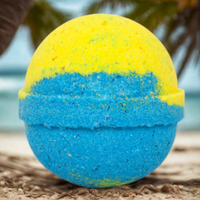 Yellow and blue bath bomb on a natural background