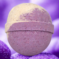 Purple bath bomb with a textured surface on a purple gradient background
