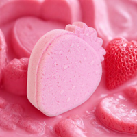 Pink strawberry-shaped candy with a soft focus background